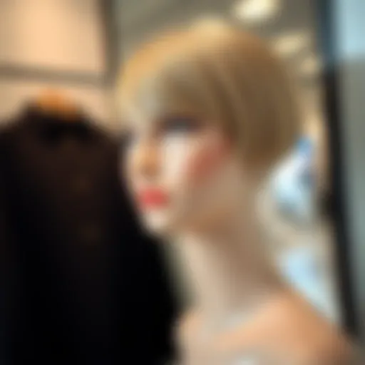 A stylish short bob wig with bangs showcased elegantly on a mannequin.