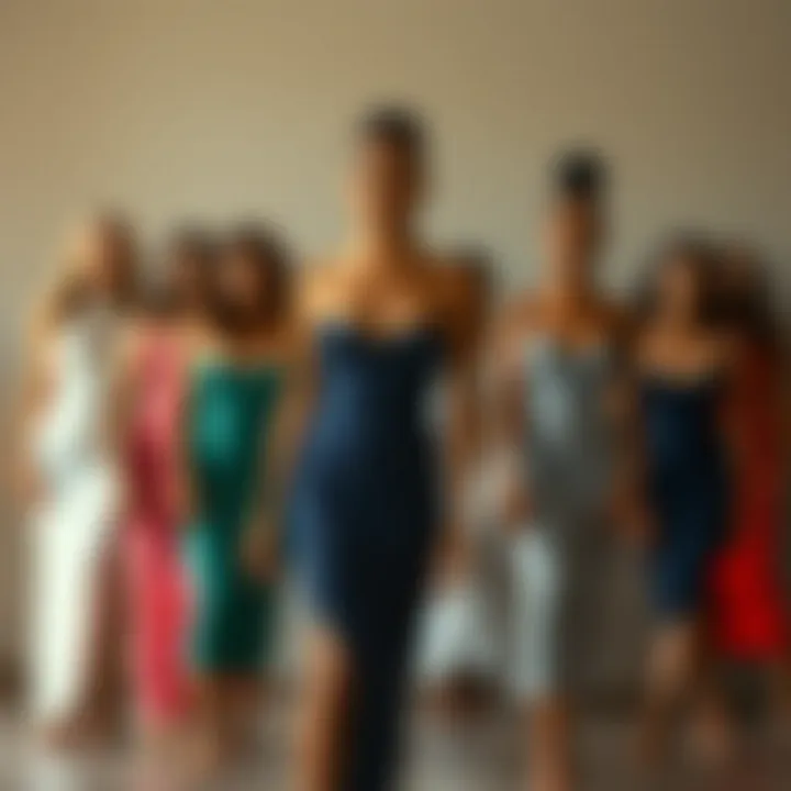 A stylish arrangement showcasing various body types in tight dresses.