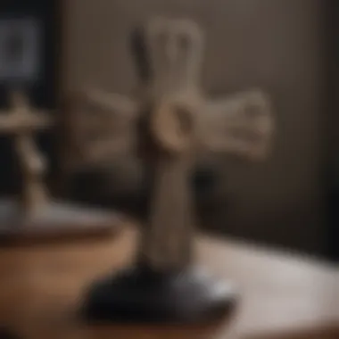 Close-up of various materials used in tabletop cross decor