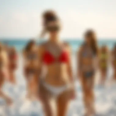 A chic beach scene featuring individuals wearing tankini swimwear