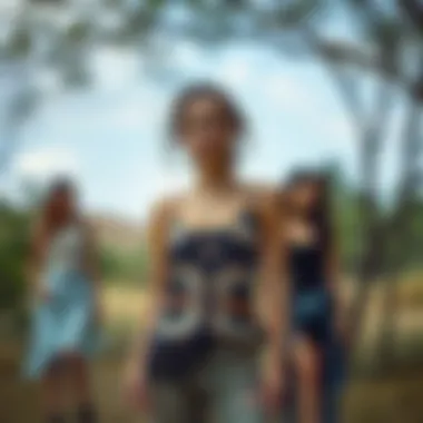 A vibrant outdoor setting showcasing various styling options with distressed tank tops