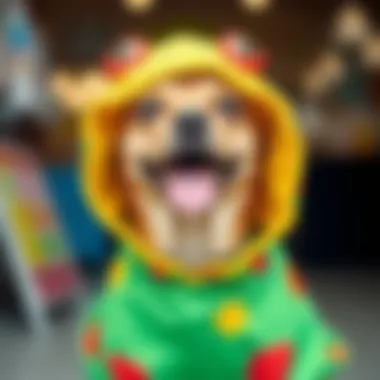 A stylish dog wearing a frog hoodie showcasing vibrant colors and design