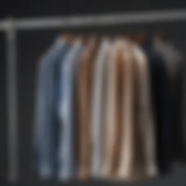 A neatly organized wardrobe with solid casual shirts styled for various occasions