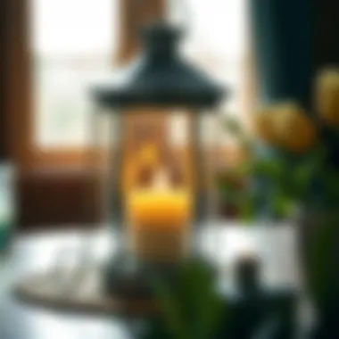 Candle illuminated lantern casting warm light in a cozy setting