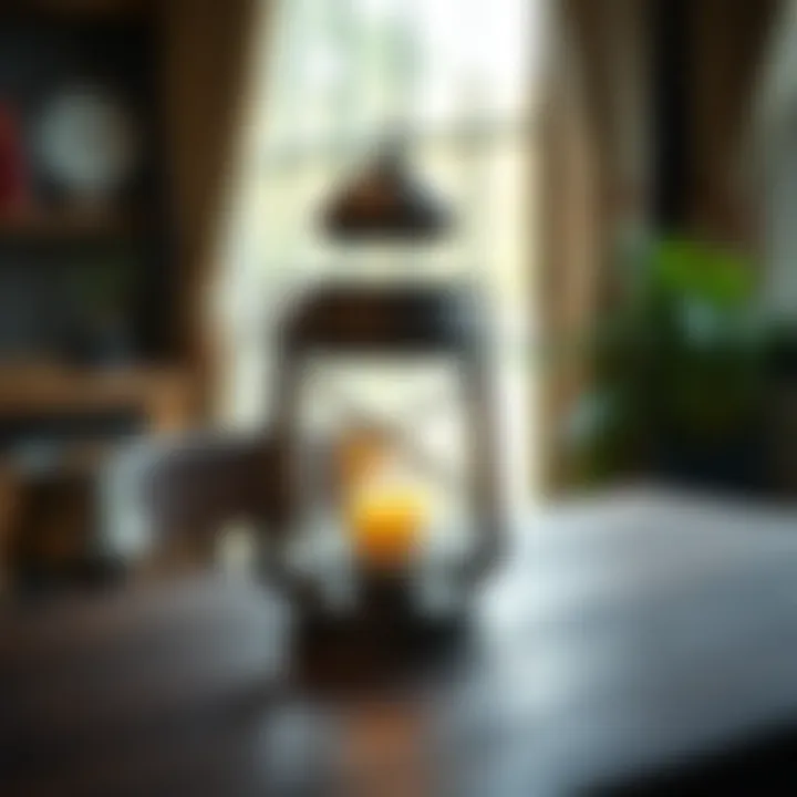 Rustic farmhouse candle lantern on a wooden table