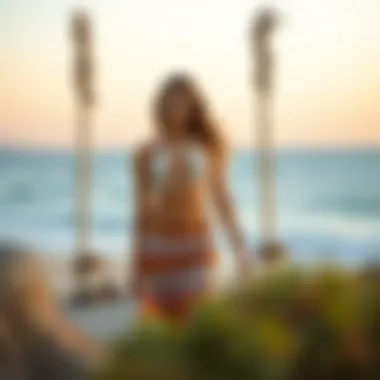 A scenic beach setting with a model wearing a crochet cover-up skirt.