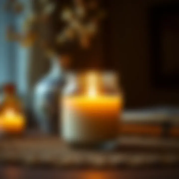 Warm glow of a lit six ounce candle jar enhancing room ambiance