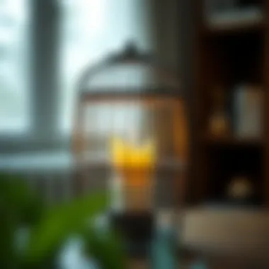 Close-up of a vintage birdcage candle holder with glowing candle