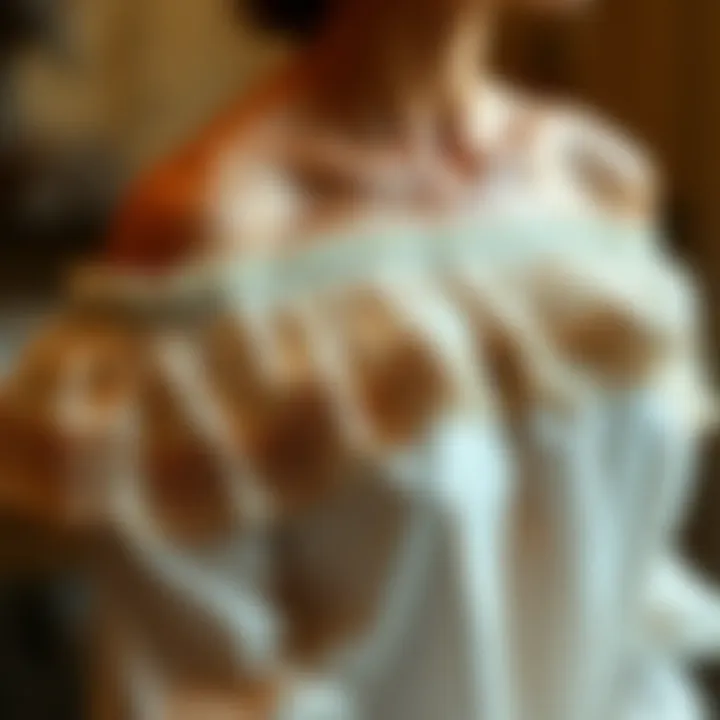 Elegant display of off-the-shoulder cut shirt showcasing intricate fabric details