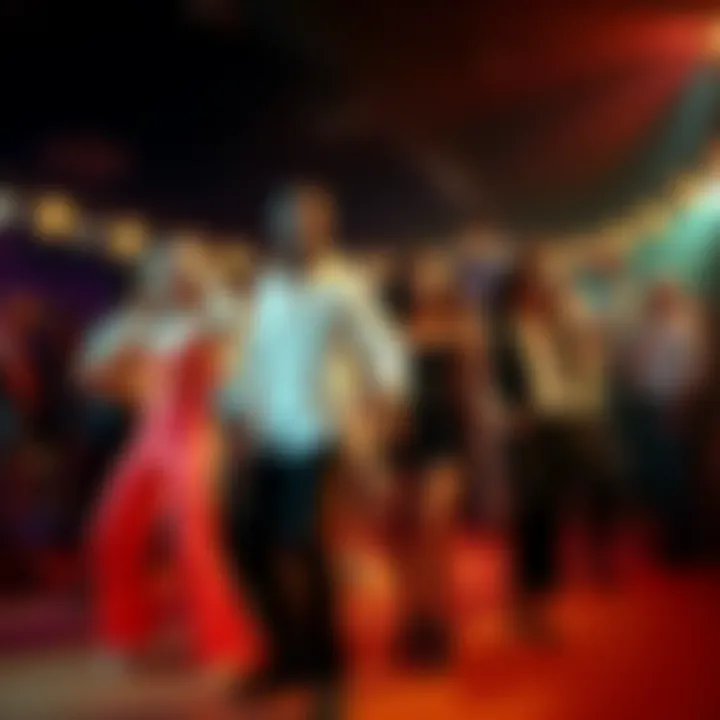 Group of stylish individuals dancing in classic disco attire