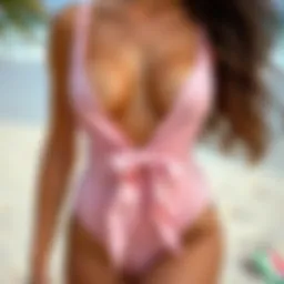Elegant tie waist bathing suit displayed on a sandy beach