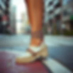 Stylish shoes featuring elastic straps in an urban setting