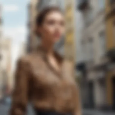 Woman confidently wearing a giraffe blouse in an urban environment