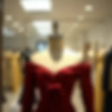 Elegant maroon off the shoulder dress displayed on a mannequin