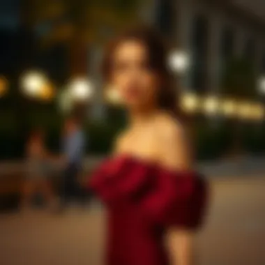 Fashionable maroon off the shoulder dress suited for an evening event