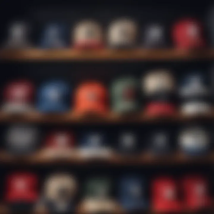 Close-up of various baseball caps displayed on a decorative shelf