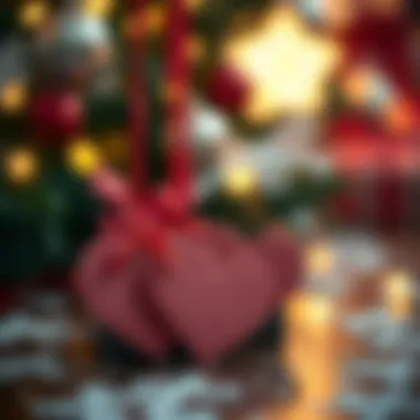 Heart-shaped gift tags in a festive setting