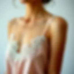 Close-up of a delicate skinny strap tank top with intricate lace detailing