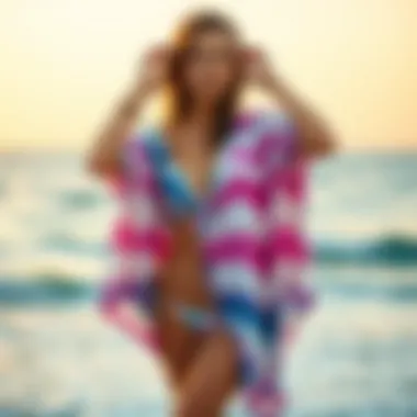 A model showcasing various tie dye cover up styles by the ocean