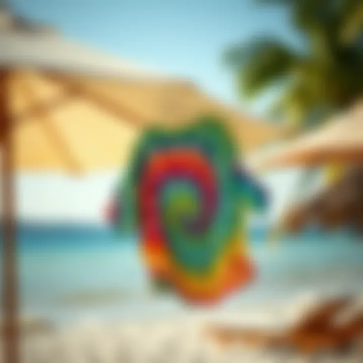 A vibrant tie dye swimsuit cover up hanging on a beach umbrella