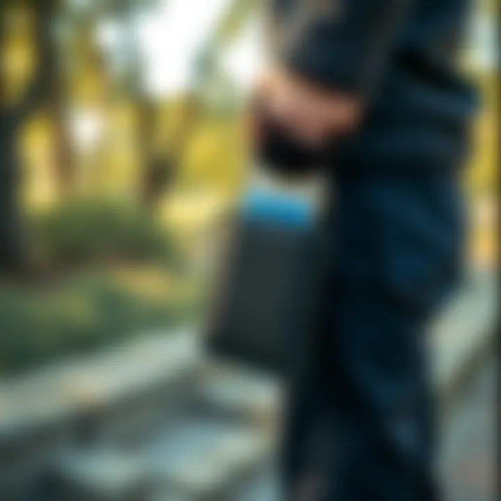 Wrist wallet pouch being used in an outdoor setting