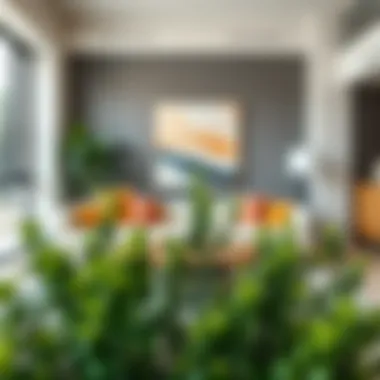 Artificial boxwood stems arranged in a contemporary living room setting.