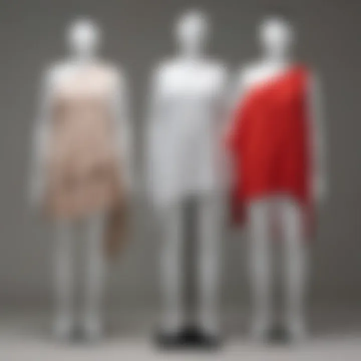 Different styles of plus size asymmetrical tops displayed on a mannequin