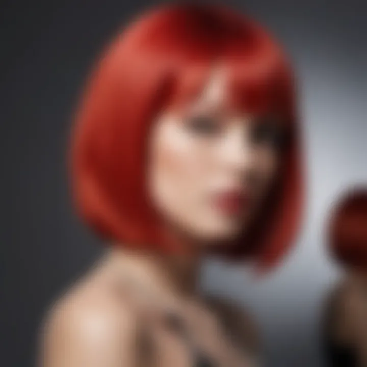 A vibrant red glueless wig displayed elegantly on a mannequin