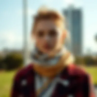 Stylish individual wearing a scarf with a magnetic clasp outdoors