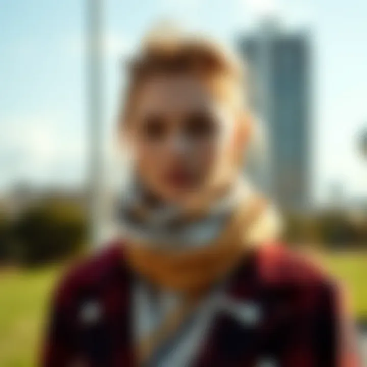 Stylish individual wearing a scarf with a magnetic clasp outdoors