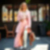 Elegant two-piece brunch outfit featuring pastel colors