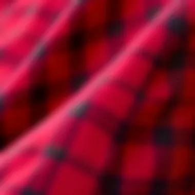 Close-up of luxurious red plaid fabric showing texture and pattern