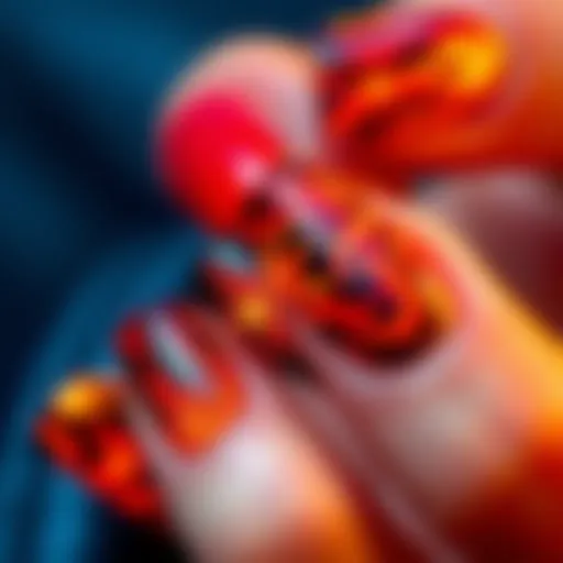 A close-up view of vibrant flame-inspired nail designs featuring intricate patterns and colors