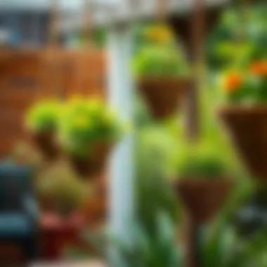 Garden setting with multiple cone-shaped hanging baskets filled with greenery