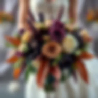 Charming bouquet featuring dark florals and autumn leaves