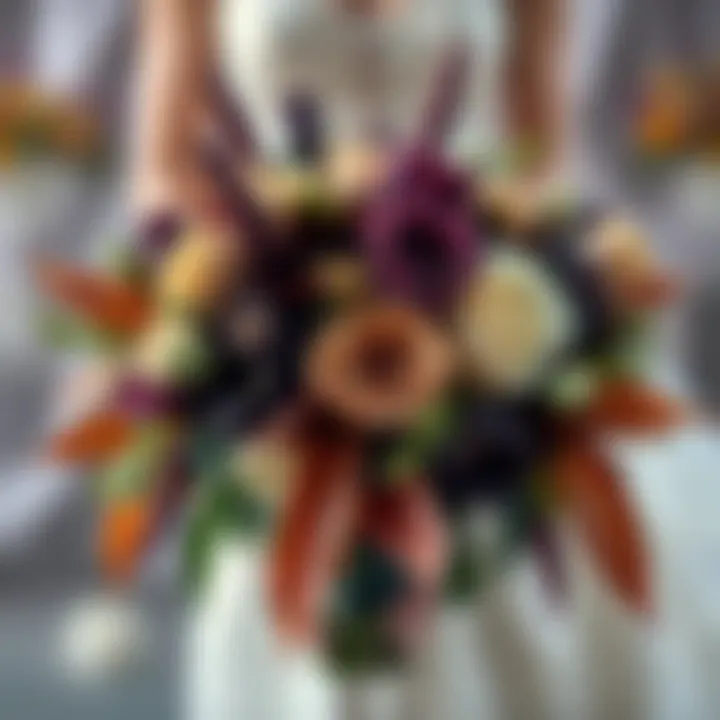 Charming bouquet featuring dark florals and autumn leaves