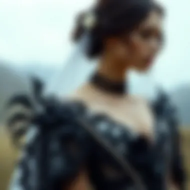 Bridal gown adorned with gothic motifs and rich textures