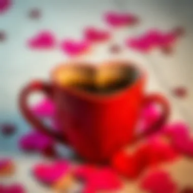 Heart-shaped mug filled with coffee and surrounded by love notes