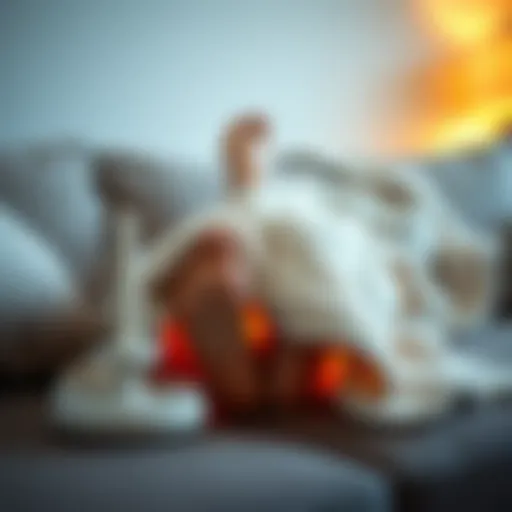 Cozy heated blanket draped over feet on a sofa