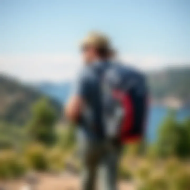 Hiking with Hydration: Backpack in Action A hiker using a backpack with a water bottle holder on a scenic trail