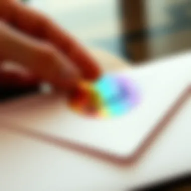 A holographic thank you sticker being placed on an elegant envelope, signifying appreciation.