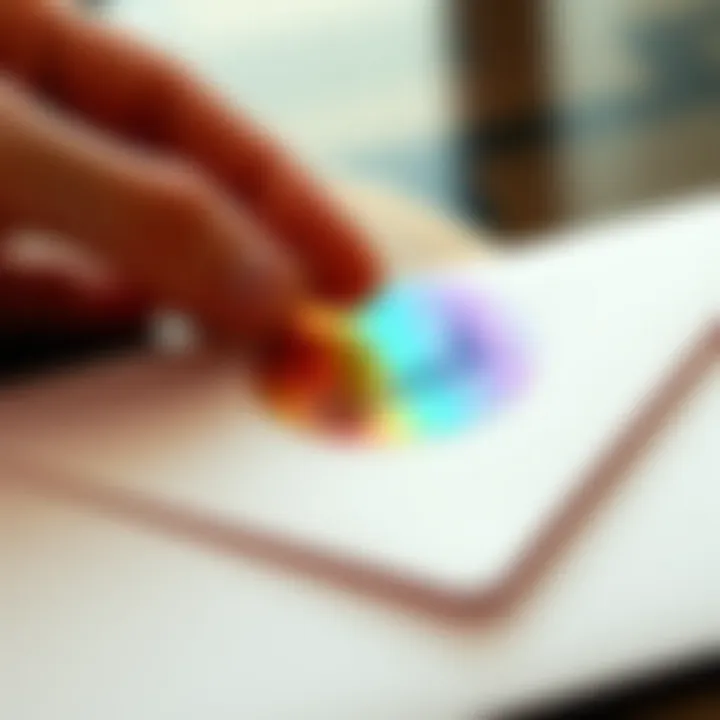 A holographic thank you sticker being placed on an elegant envelope, signifying appreciation.
