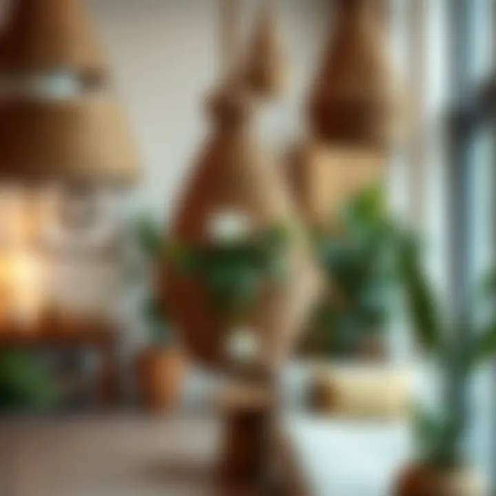 Stylish indoor space featuring cone-shaped hanging baskets as decor