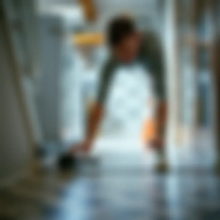 A person installing waterproof vinyl tile stickers on a floor.