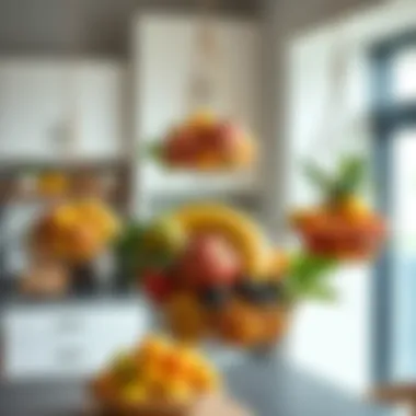Creative arrangement of various fruit baskets in a modern kitchen