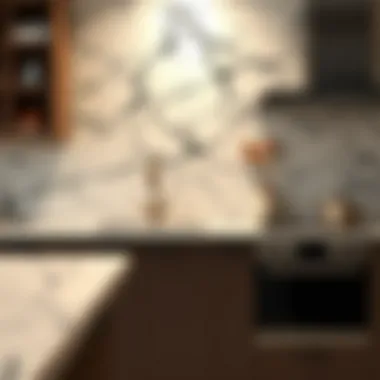 Close-up of marble wallpaper texture in a kitchen setting