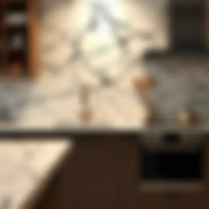 Close-up of marble wallpaper texture in a kitchen setting