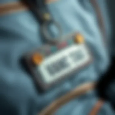 Close-up of a name tag featuring unique design elements and textures
