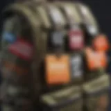 Colorful name tags attached to various backpack styles