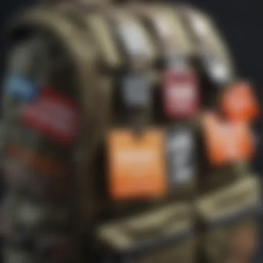 Colorful name tags attached to various backpack styles